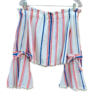 Red Carter Striped Croptop Bows‎ Pom Poms Open Back XS NWT